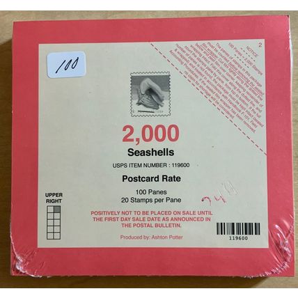 Seashells Sealed Pad of Postcard Stamps 100 Sheets (2000 Stamps) Scott 5166a