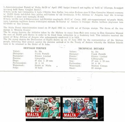 1982 Europa Maltese Stamps, Malta, Mint Presentation Pack