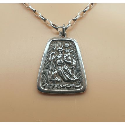 Vintage Charles Horner 925 Sterling Silver Large St Christopher Pendant Necklace