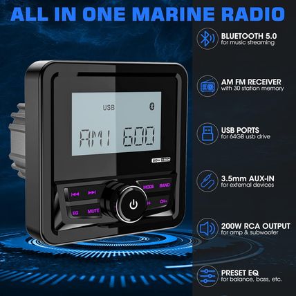 Waterproof Marine Digital Media Receiver - Bluetooth Marine Stereo with 2.8 Inch