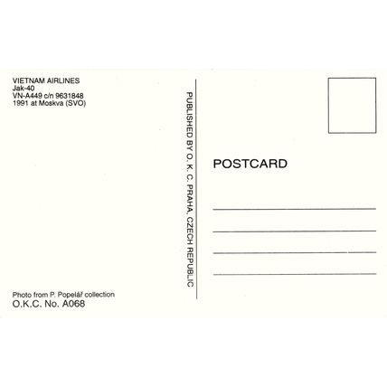 Aircraft postcard Vietnam Airlines Yak-40, VN-A449. Unposted