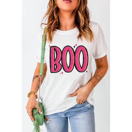White BOO Crew Neck Graphic T Shirt