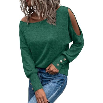 Green Asymmetrical Cut Out Buttoned Long Sleeve Top