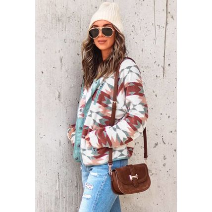 Red Western Aztec Buttoned Zipper Pockets Fleece Jacket