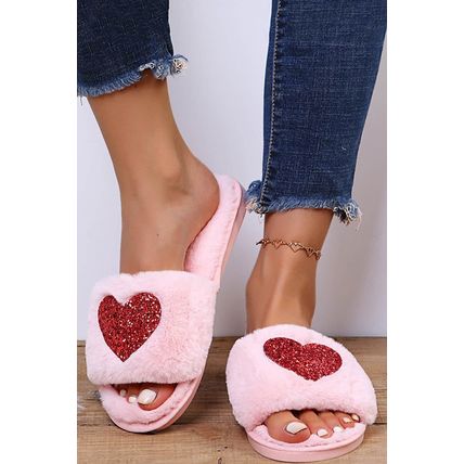 Pink Sequin Heart Shaped Slip On Plush Slippers