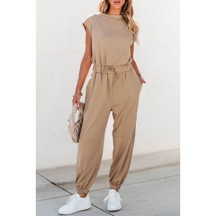 Light French Beige Cap Sleeve Open Back Drawstring Jogger Jumpsuit