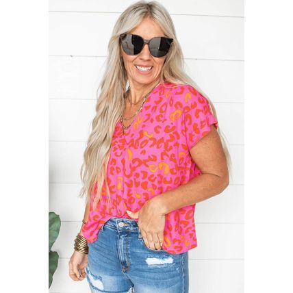 Pink Leopard V Neck Short Sleeve Blouse