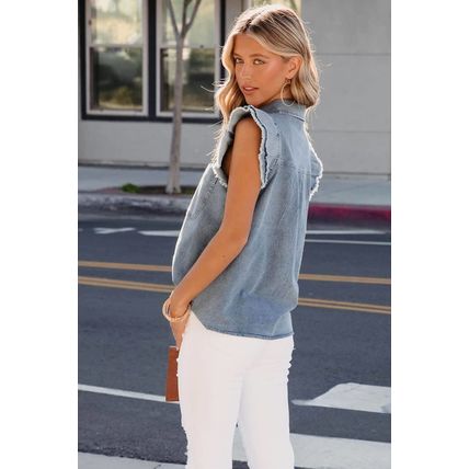Beau Blue Frayed Ruffle Sleeve Denim Shirt