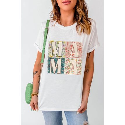 White MAMA Floral Block Graphic Casual T Shirt