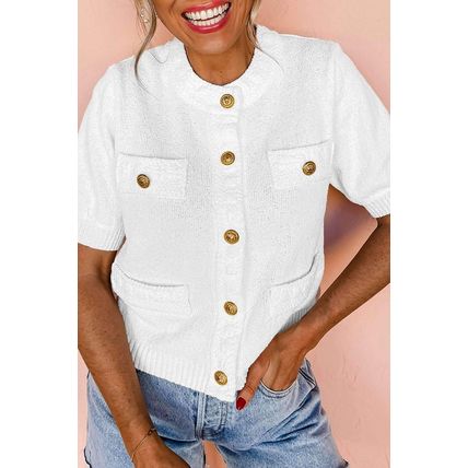 White Gold Buttons Textured Sweater T Shirt