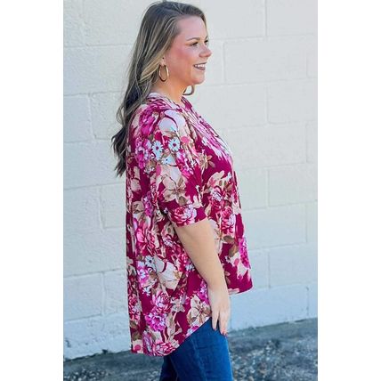 Red Floral Print Short Sleeve Plus Size Blouse