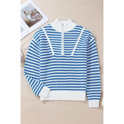 Sky Blue Stripe Zip up Collar Drop Shoulder Sweater