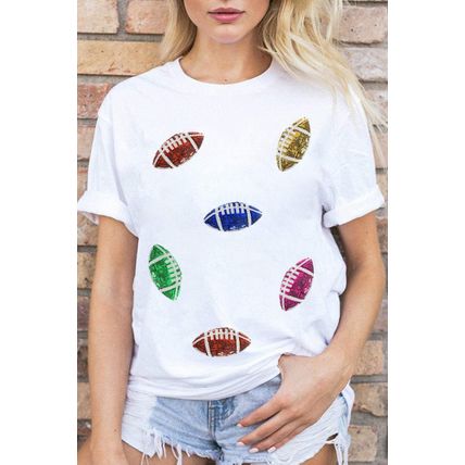 White Sequin Rugby Football Pattern Crewneck T Shirt
