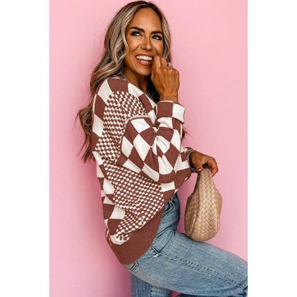 Brown Checkered Print Drop Shoulder Round Neck Sweater