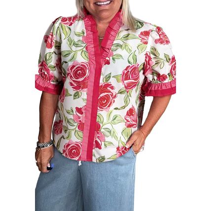 Rose Plus Size Floral Print Frilled Stripes Detail Short Sleeve Blouse