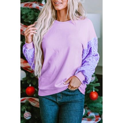 Orchid Petal Sequin Patchwork Long Sleeve Pullover Top