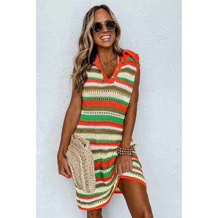 Yellow Stripe Eyelet Sleeveless Buttoned Split Neck Sweater Dress