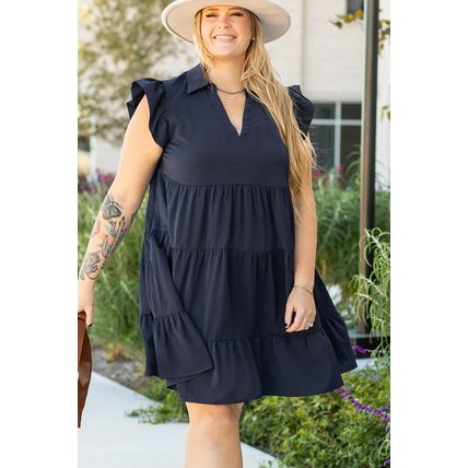 Navy Blue Collared V Neck Flutter Sleeve Tiered Plus Size Dress