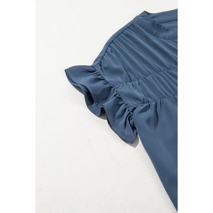 Real Teal Solid Color Ruffle Ruched Short Sleeve Buttoned Shirt