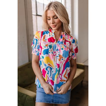 Multicolour Abstract Print Lace Detail Shirred Short Sleeve Split Neck Blouse