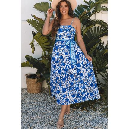 Blue Floral Printed Spaghetti Strap Maxi Dress with Waist Tie