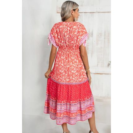 Red Floral Print Tasseled Tied Sleeve Empire Waist Maxi Dress