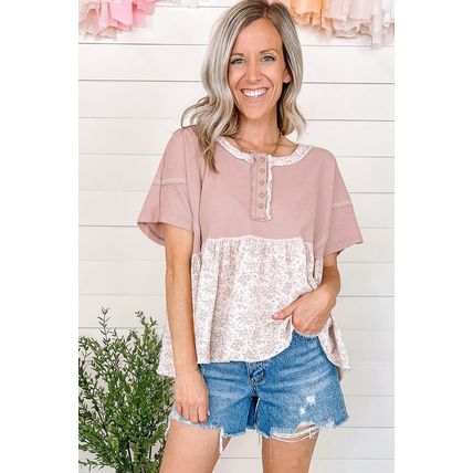 Pink Waffle Floral Patchwork Exposed Seam Detail Short Sleeve Top