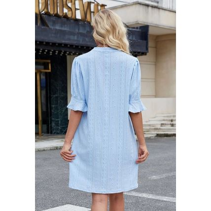 Beau Blue Jacquard Texture Flared Short Sleeve Notched Neck Mini Dress