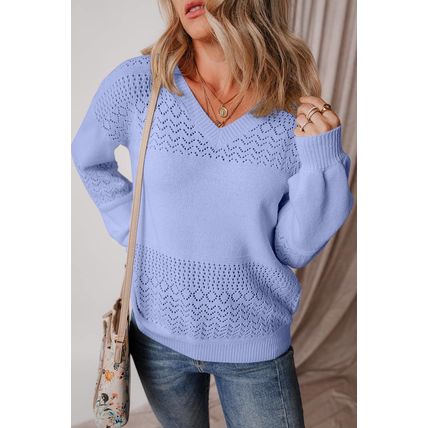 Sky Blue Eyelet Pattern Detail V Neck Drop Shoulder Sweater