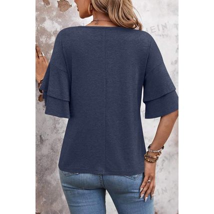 Sail Blue Solid Colour V-Neck Double Layer Sleeve Loose T-Shirt
