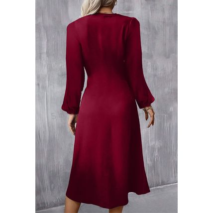 Burgundy Solid Color Ruched Detail Long Sleeve Midi Dress