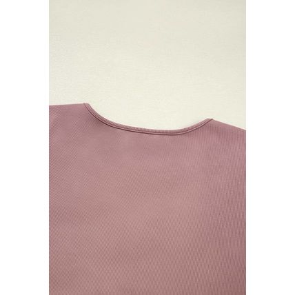 Old Rose Gathered Bust Square Neck Ribbed Fit Long Sleeve Top