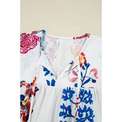 White Floral Print Tassel Tie Bracelet Sleeve Flowy Blouse