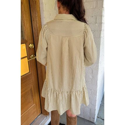 Brown Stripe Collared Neck Cuffed Long Sleeve Drop Waist Mini Dress