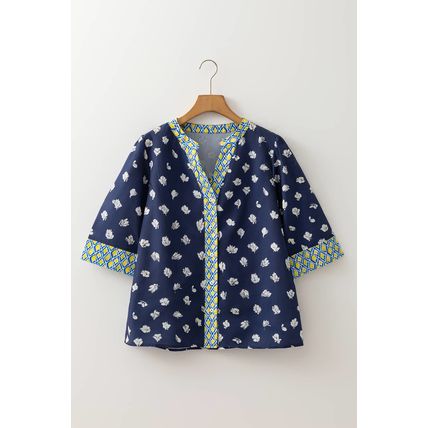 Blue Floral Print Half Sleeve Contrast Trim V Neck Blouse