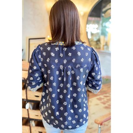 Blue Floral Print Half Sleeve Contrast Trim V Neck Blouse
