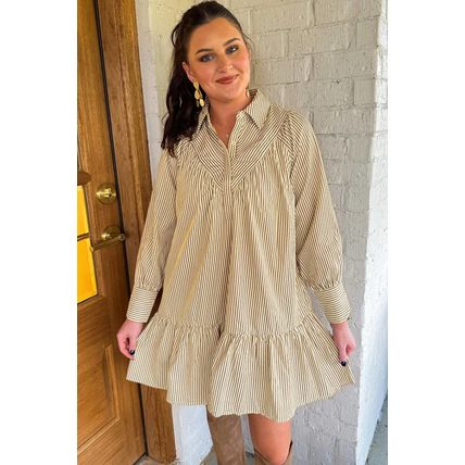 Brown Stripe Collared Neck Cuffed Long Sleeve Drop Waist Mini Dress