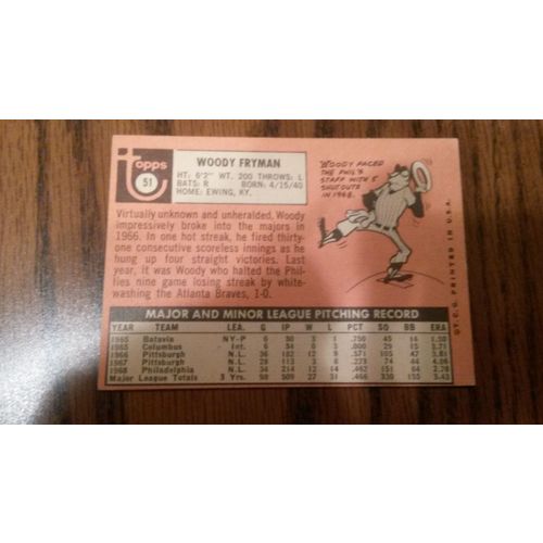 1969 Topps Card # 051 Woody Fryman Very Good-Excellent (4) Philadelphia Phillies