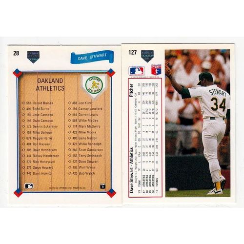 Lot of Two 1991 Upper Deck Dave Stewart cards- #127, #28 – Athletics checklist