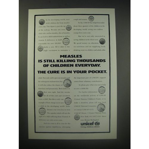1990 Unicef United Nations Children's Fund Ad - Measles is still killing