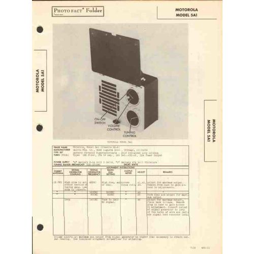 MOTOROLA model 5A1 portable AM radio receiver Sams Photofact manual