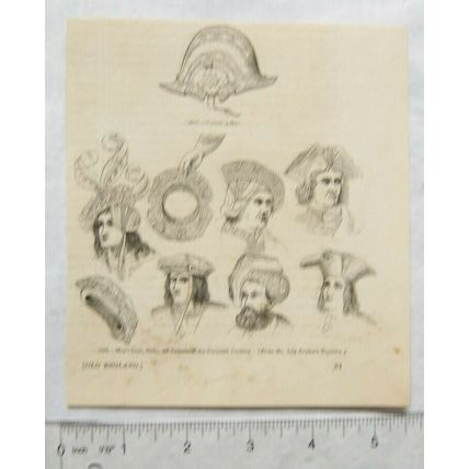 1860s engraving - men's caps, hats & bonnets of the sixteenth century