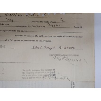 Vintage 1946 Certificate 100 Shares Waltham Watch Co , Signed, 20.5 x 30.5 cm