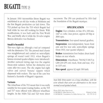 Collectors Club card. Classic Cars. Bugatti Type 13