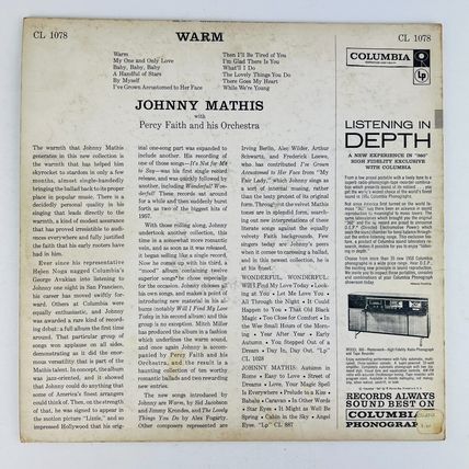Johnny Mathis With Percy Faith Warm Vinyl LP Record Album MONO CL-1078