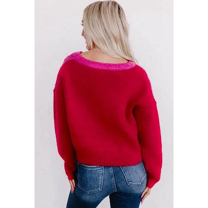 Multicolor Checkered Pattern Heart Detail Textured Sweater