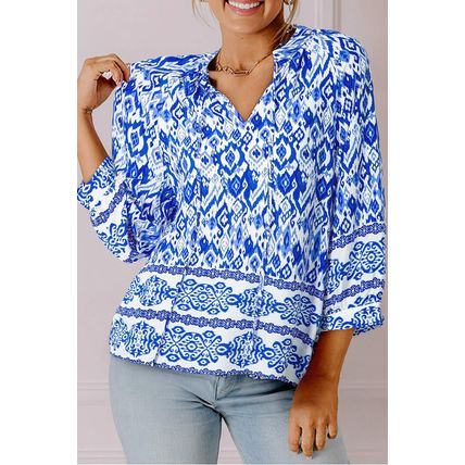 Blue Boho Printed 3/4 Sleeve Tied Neck Blouse