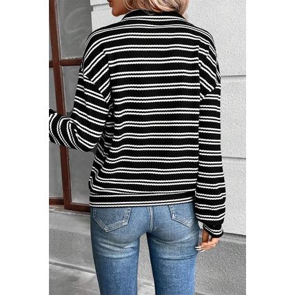 Black Stripe Textured Quarter Zip Collar Long Sleeve Top