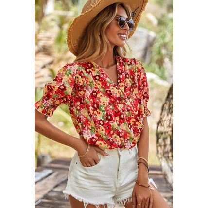 Red Floral Bubble Sleeve Pleated V Neck Wrap Blouse