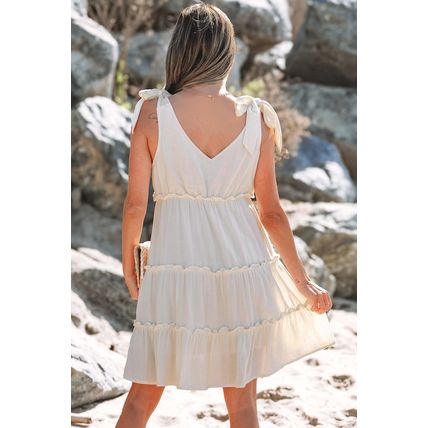 Oatmeal Solid Color Tied Straps Ruffle Tiered Mini Dress